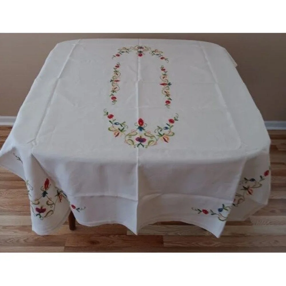 Large Vintage Norwegian Embroidered Tablecloth Linen Red Blue Swedish Floral 62" - Picture 2 of 6